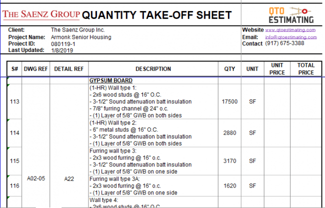 Drywall Estimate by QTO Estimating
