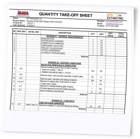 Quantity Takeoff Sample by QTO Estimating