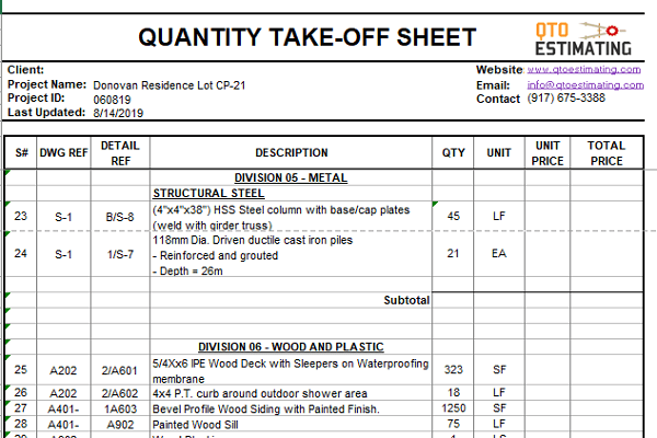 Residential Construction Takeoff Spreadsheet Excel