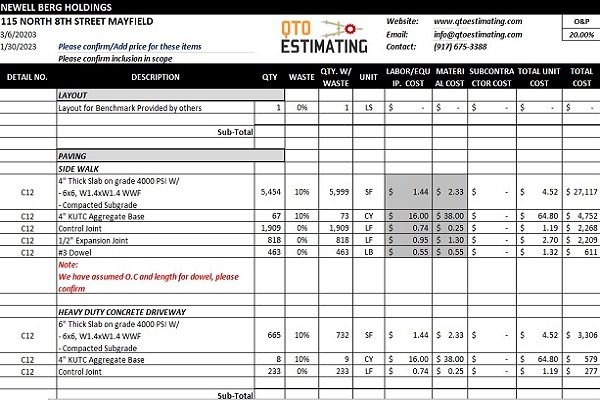 Concrete takeoff and estimate spreadsheet sample