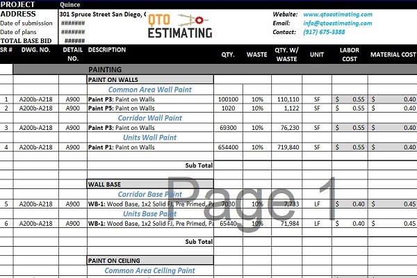Paint Estimate for Walls, Ceiling and Base