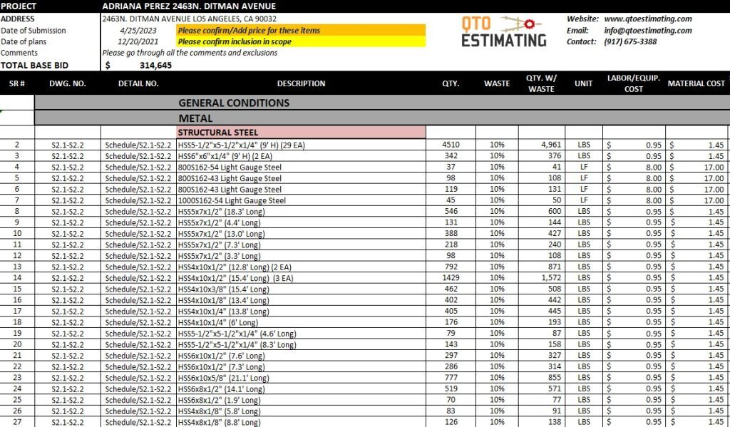 Structural Steel Estimating Services Sample